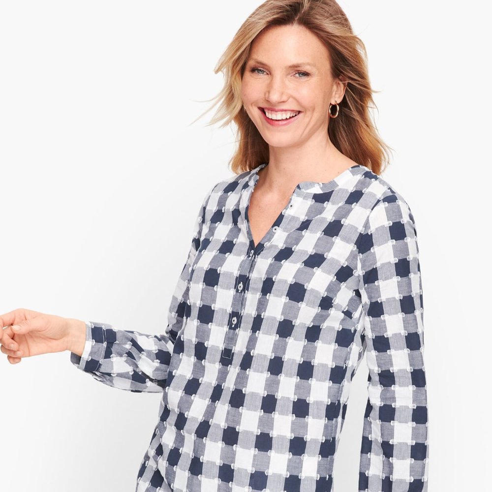 Talbots Clip Dot Blue and White Gingham Popover Cotton Top XL Petite